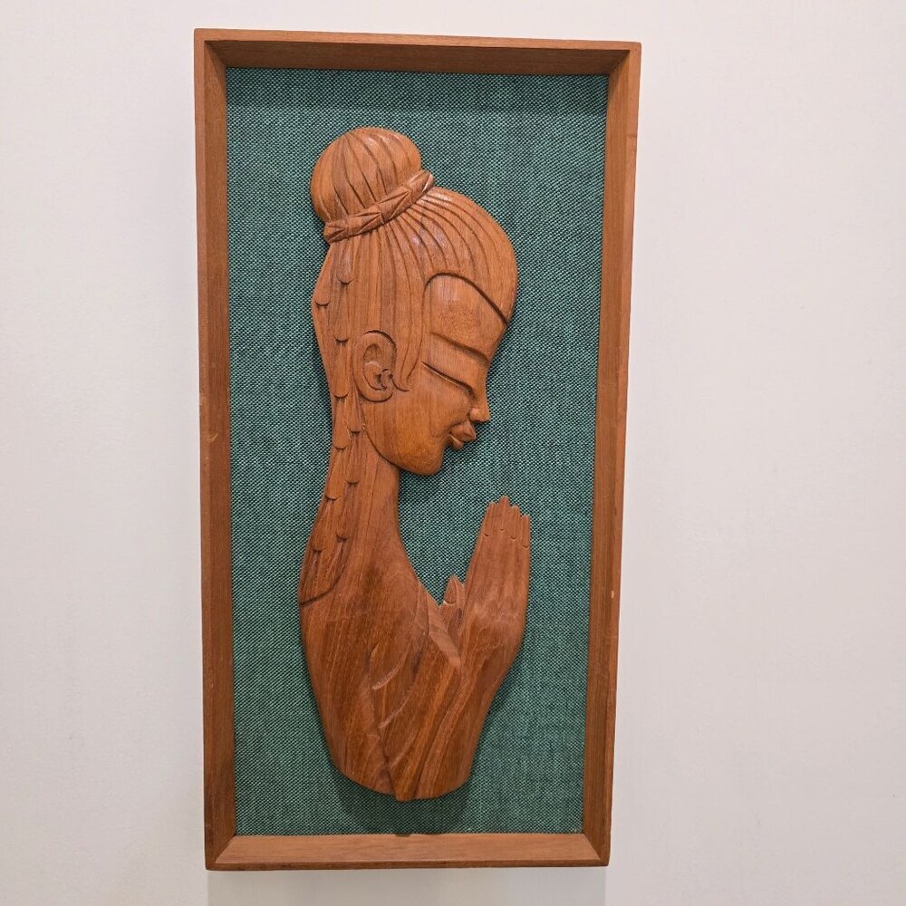 MCM Framed Carved Teak Wood Silhouette Woman Praying on Green Wall Hanging Art